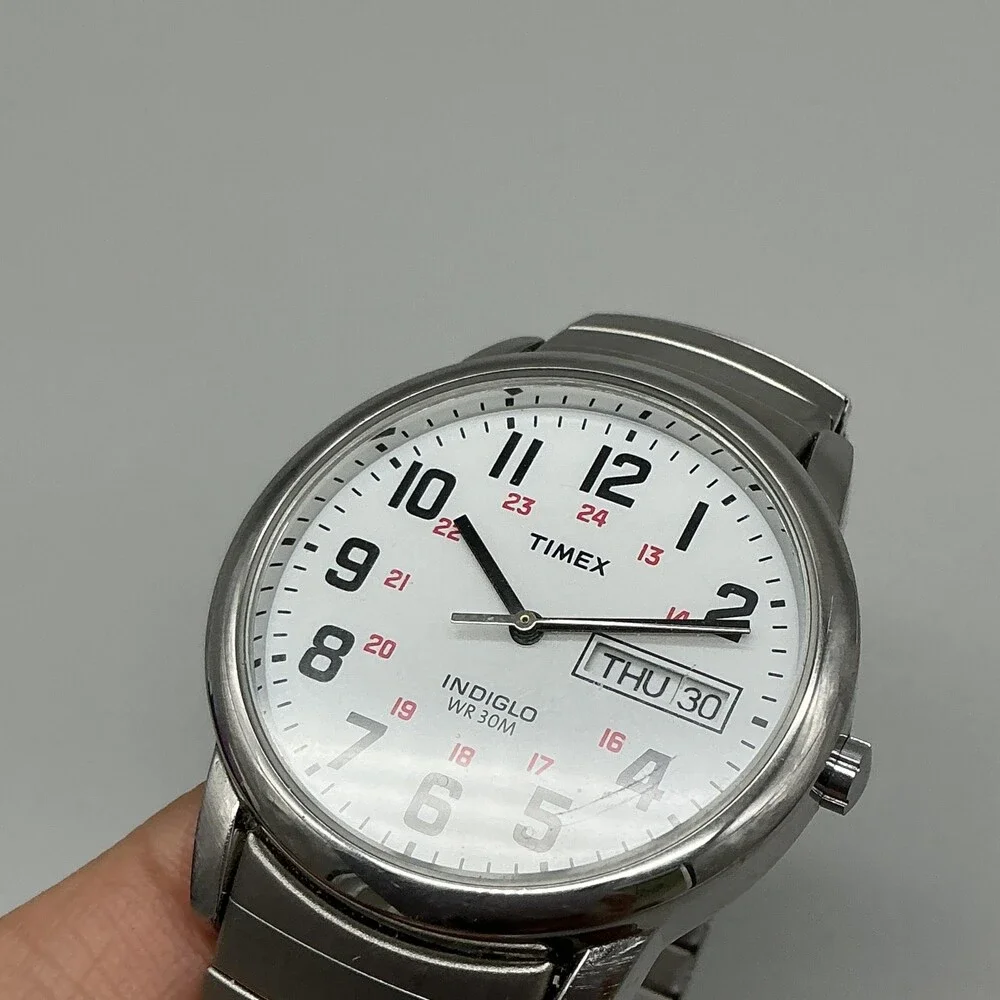 Timex Men Watch 35mm White Dial Silver Tone Stretch Indiglo Day Date New Battery